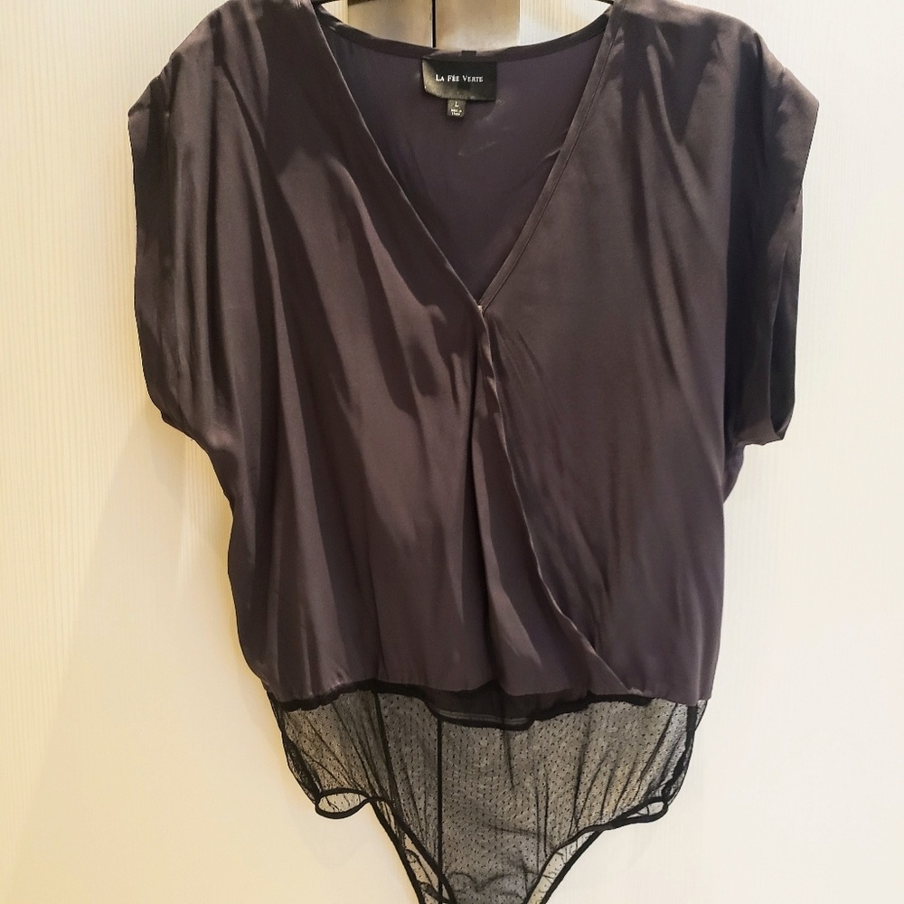 La Fee Verte Purple/Grey Silk Blouse Bodysuit